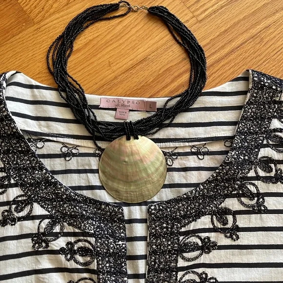 🌺 CALYPSO ST. BARTH; Luxury, Embroidered, Black/White Striped Beach Cover-Up L! - Picture 2 of 12